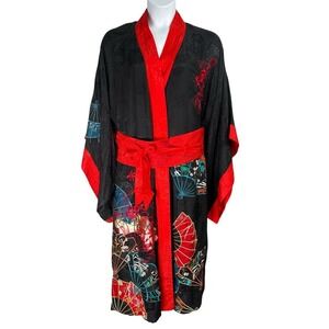 Soma Japanese Kimono Robe 2/3‎ Black Red 100% Silk Embroidered Fans Flowers
